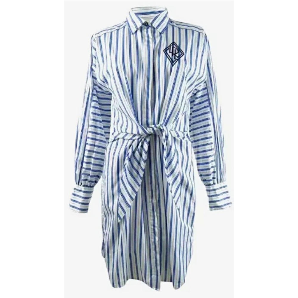 Lauren Ralph Lauren Women's Blue White Striped Shirt Dress Belted Size 16